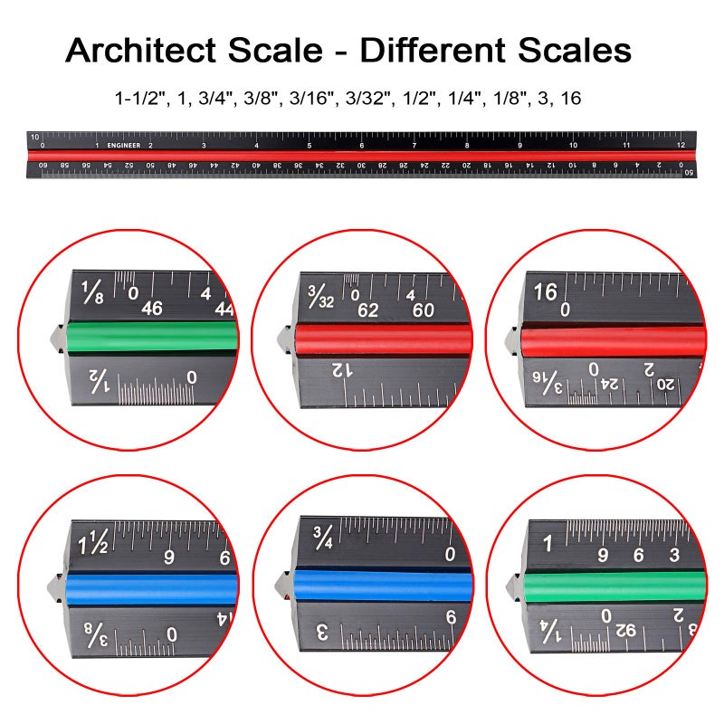 OwnMy 3 Pack 12 Inch Solid Aluminum Triangular Architect Scale Ruler Set, 3-Colors-Groove Architectural and Engineer Scale Metal Ruler Set, Clear Scales Drafting Rulers for Engineer Blueprint Project - Image 4