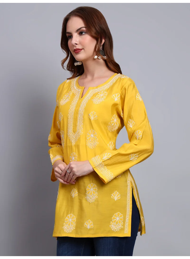 Alaya Yellow Hand Embroidered Chikankari Chanderi Kurti-AL4090 for Women | Best Price UAE