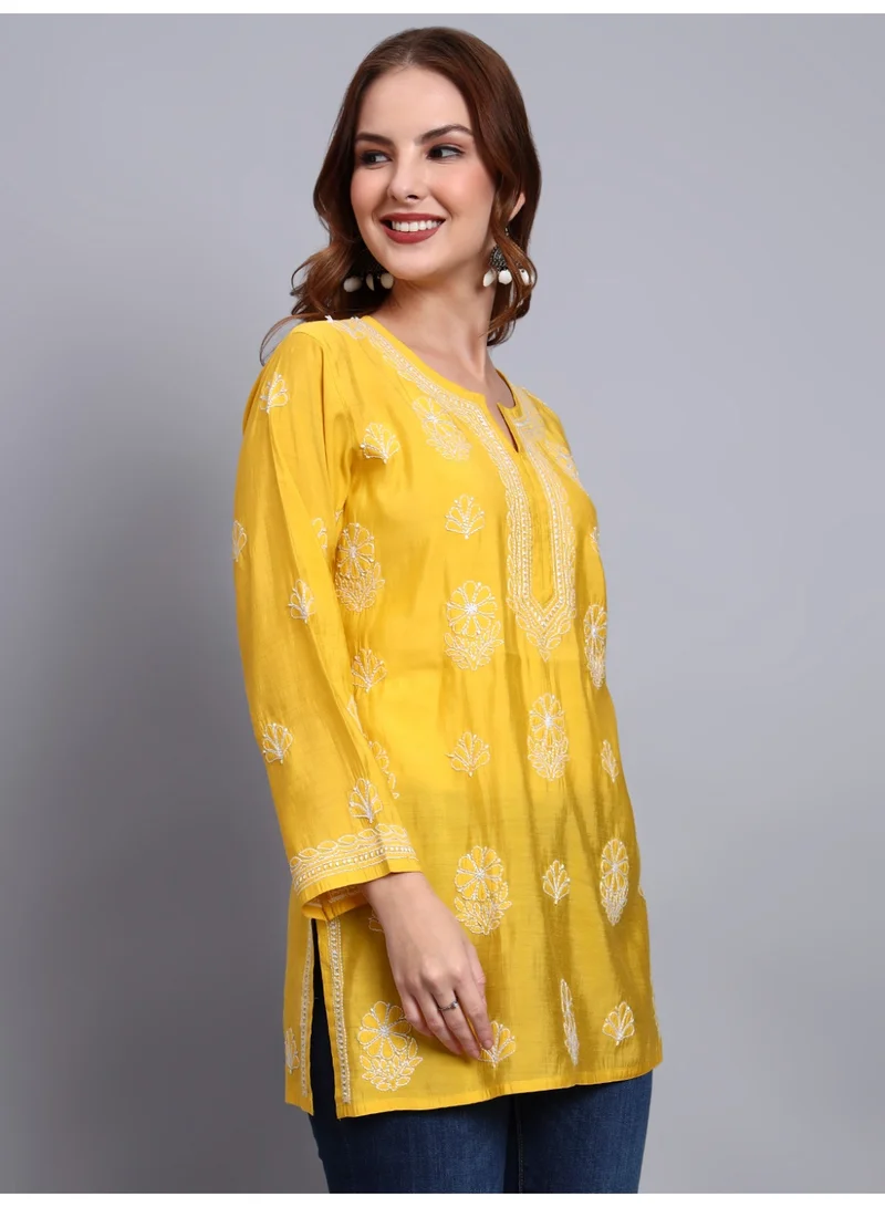 Alaya Yellow Hand Embroidered Chikankari Chanderi Kurti-AL4090 for Women | Best Price UAE