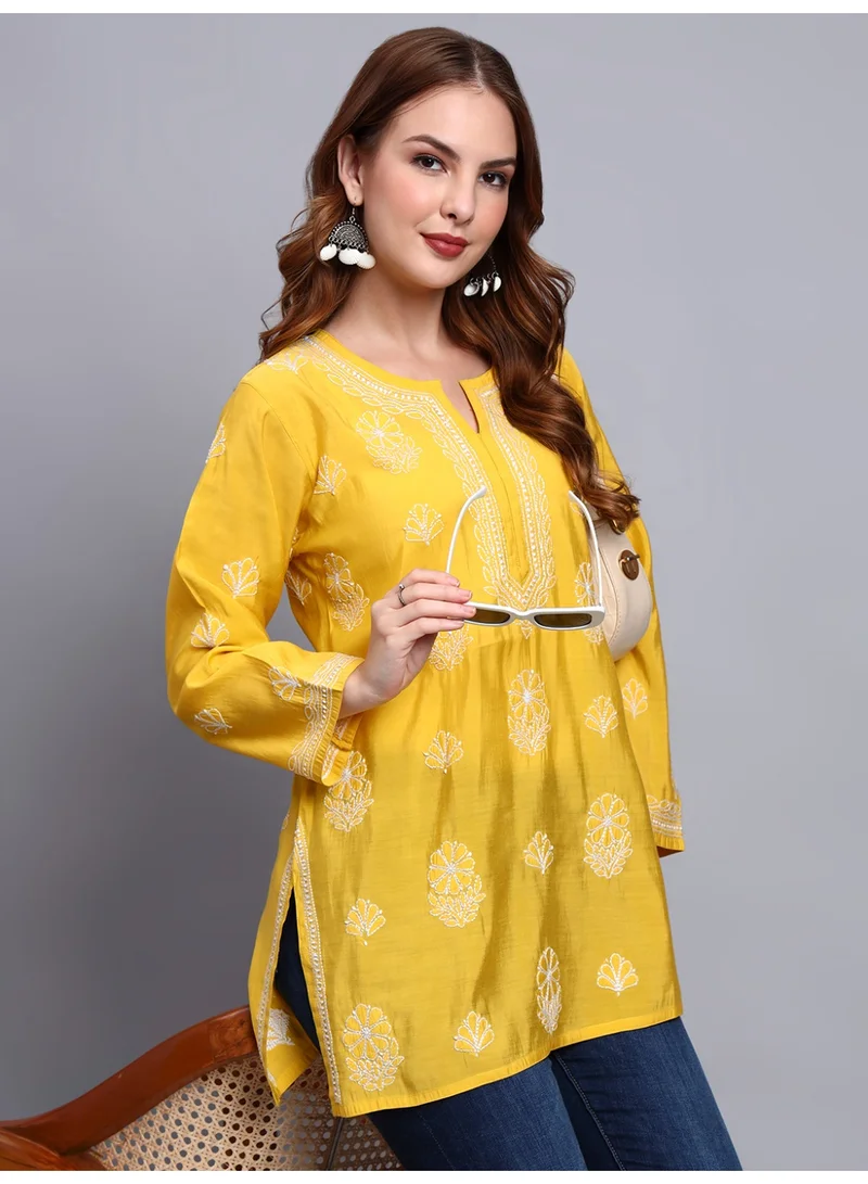 Alaya Yellow Hand Embroidered Chikankari Chanderi Kurti-AL4090 for Women | Best Price UAE