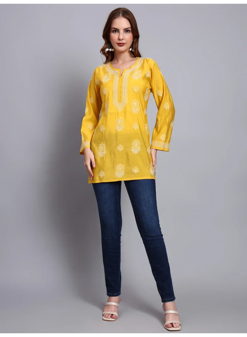 Alaya Yellow Hand Embroidered Chikankari Chanderi Kurti-AL4090 for Women | Best Price UAE