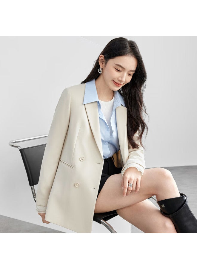 Sentubila Women's Commuter Casual Blazer For New Spring, Light Luxury Lapel Double-breasted Straight Suit Jacket, Cloud White, L - Image 1