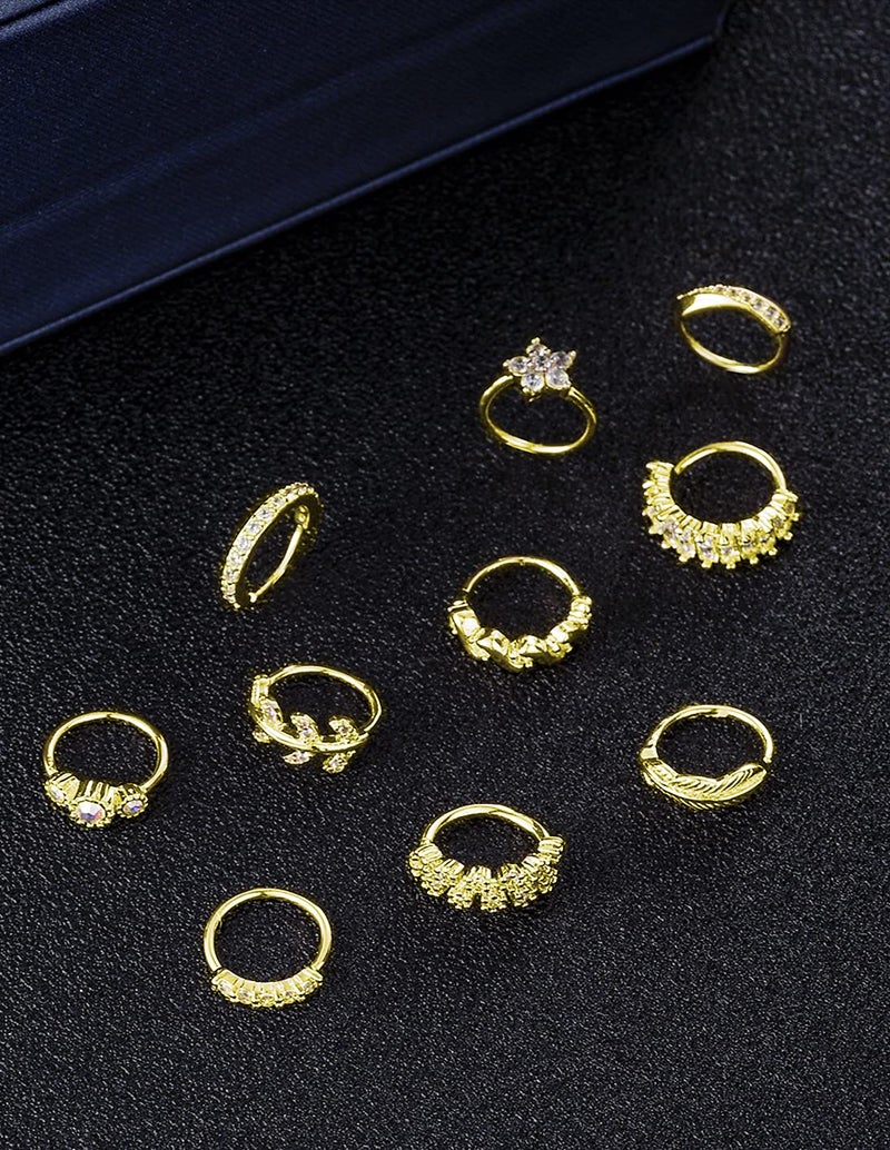 Tornito 10Pcs Nose Ring Hoop Paved Flower Leaf Feather CZ Cartilage Earrings Nose Piercing Jewelry for Women Men Gold Tone 20G - Image 5