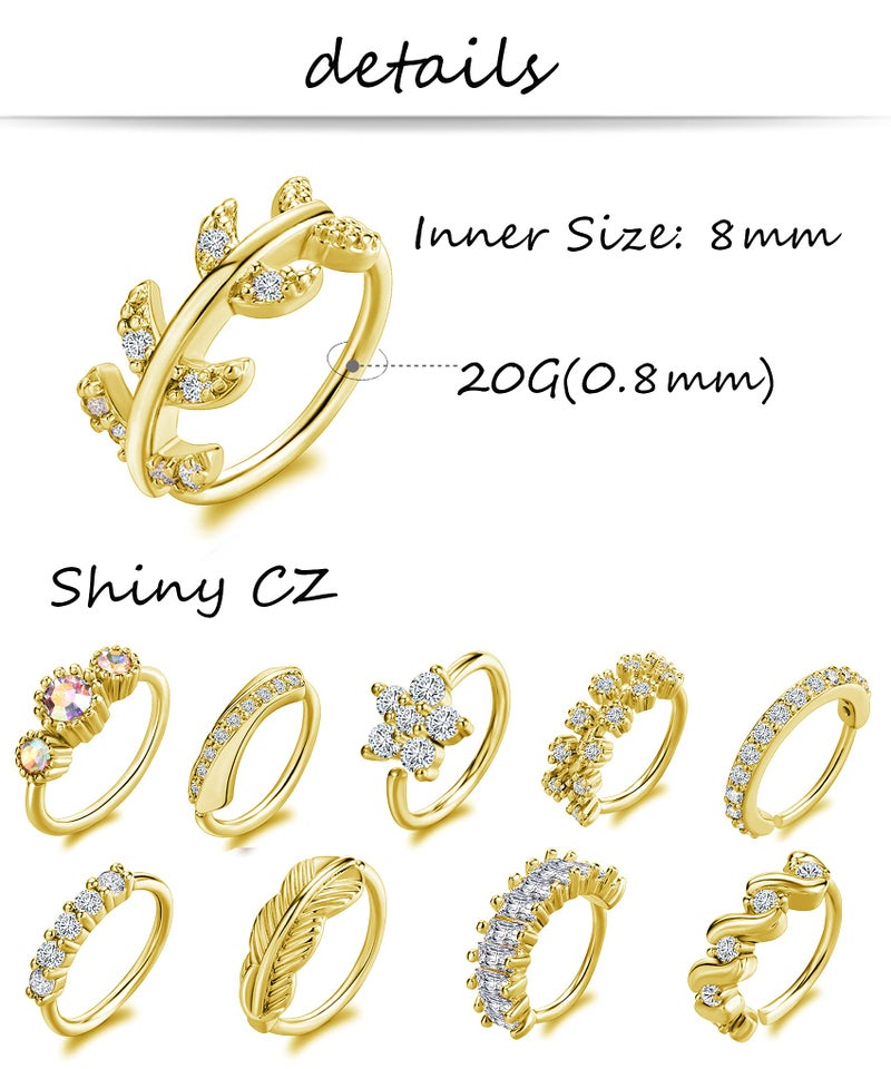 Tornito 10Pcs Nose Ring Hoop Paved Flower Leaf Feather CZ Cartilage Earrings Nose Piercing Jewelry for Women Men Gold Tone 20G - Image 2
