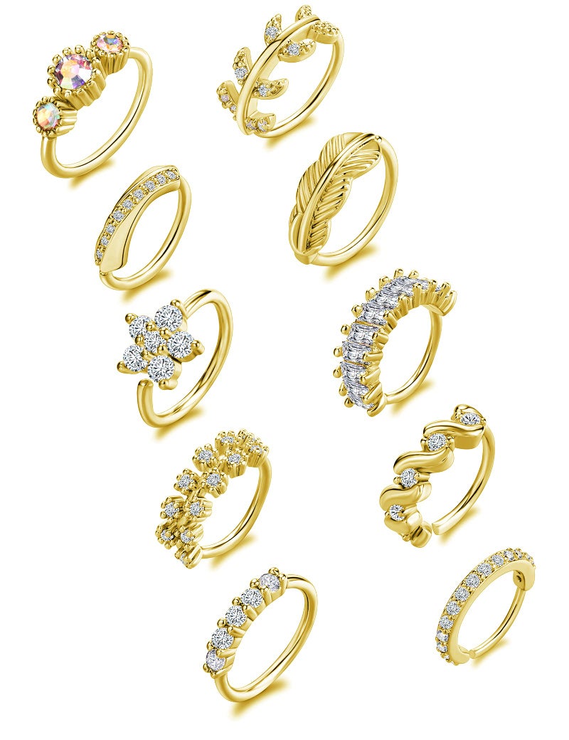 Tornito 10Pcs Nose Ring Hoop Paved Flower Leaf Feather CZ Cartilage Earrings Nose Piercing Jewelry for Women Men Gold Tone 20G - Image 1