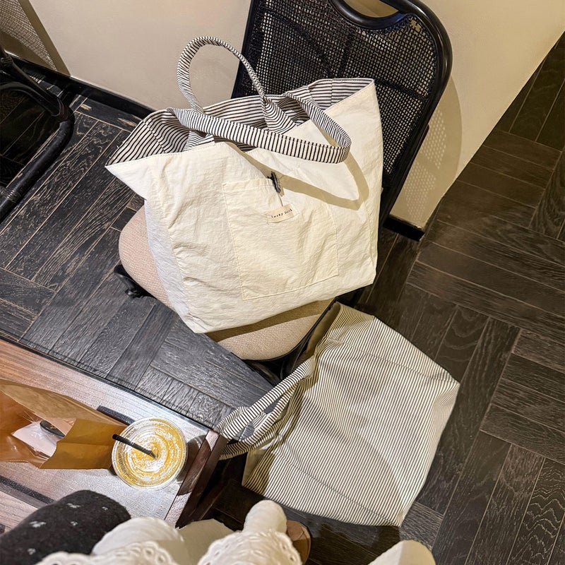 Korean Style Striped Reversible Tote Bag, Canvas, Large Capacity - Image 2