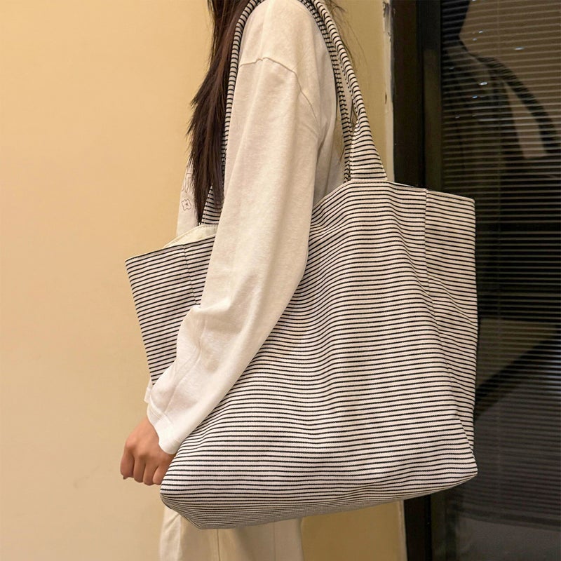 Korean Style Striped Reversible Tote Bag, Canvas, Large Capacity - Image 4