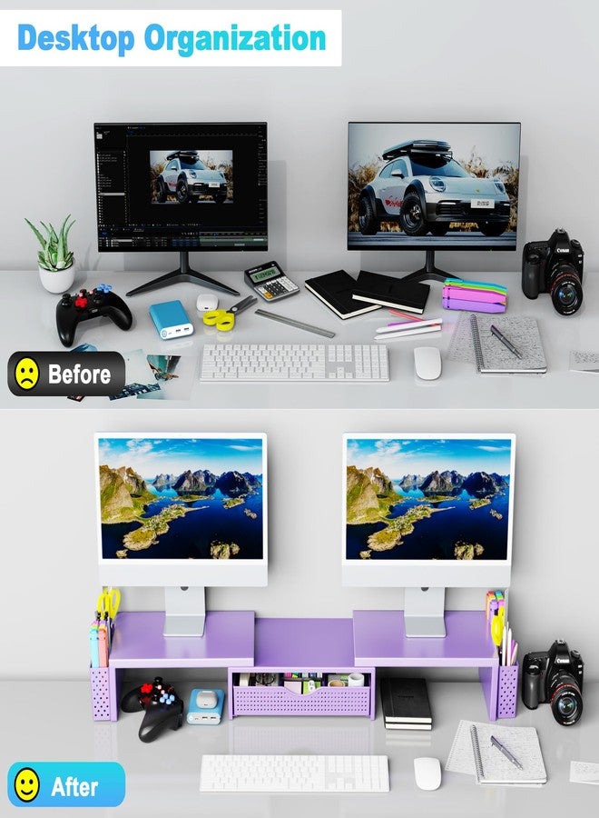 Spacrea Metal Desk Organizers and Accessories, Dual Monitor Stand Riser with Drawer and 2 Pen Holders, Desk Accessories & Workspace Desktop Organizers for Office Supplies (Purple) - Image 3