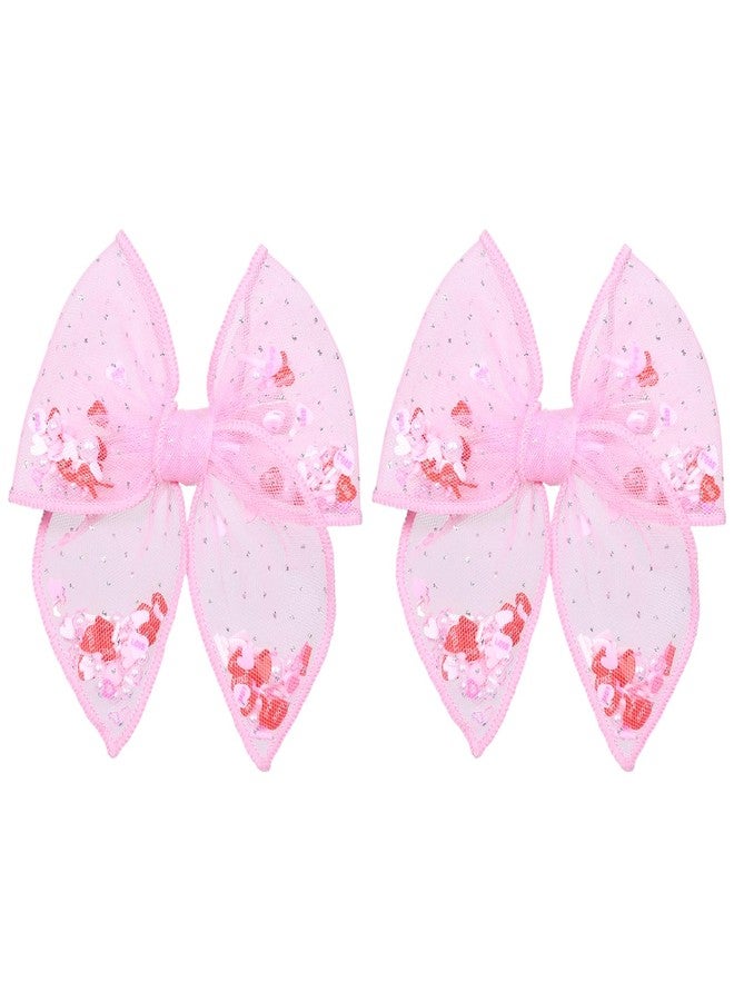 Miroksh Pink Valentines Fable Bow Hair Clips for Girls 2Pcs 4" Glitter Mesh Tulle Heart Shaker Bow Alligator Barrettes for Teen Toddler Kids Women Party Dress Outfits Decor Accessory Gift - Image 1
