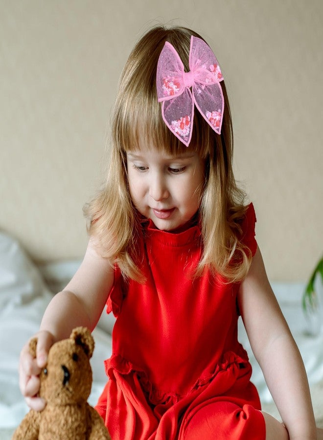 Miroksh Pink Valentines Fable Bow Hair Clips for Girls 2Pcs 4" Glitter Mesh Tulle Heart Shaker Bow Alligator Barrettes for Teen Toddler Kids Women Party Dress Outfits Decor Accessory Gift - Image 5