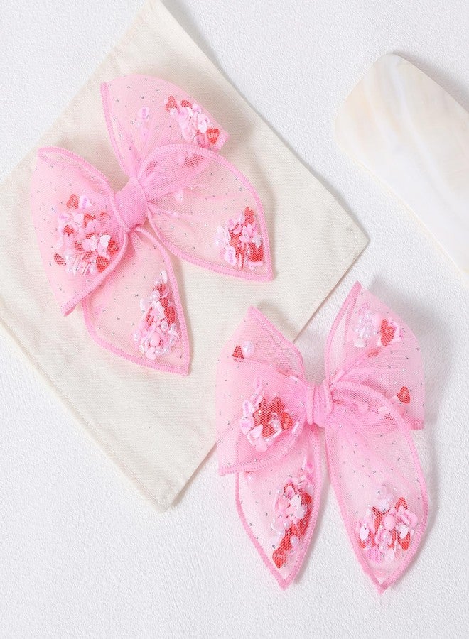 Miroksh Pink Valentines Fable Bow Hair Clips for Girls 2Pcs 4" Glitter Mesh Tulle Heart Shaker Bow Alligator Barrettes for Teen Toddler Kids Women Party Dress Outfits Decor Accessory Gift - Image 2