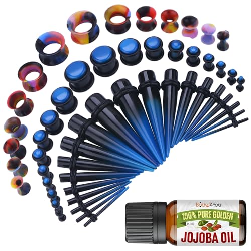 BodyJ4You 54PC Ear Stretching Kit 14G-12mm - Aftercare Jojoba Oil - Black Blue Acrylic Plugs Gauge Tapers Silicone Tunnels - Lightweight Expanders Men Women - Image 1