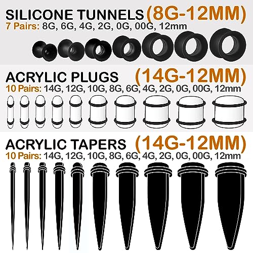 BodyJ4You 54PC Ear Stretching Kit 14G-12mm - Aftercare Jojoba Oil - Black Blue Acrylic Plugs Gauge Tapers Silicone Tunnels - Lightweight Expanders Men Women - Image 3