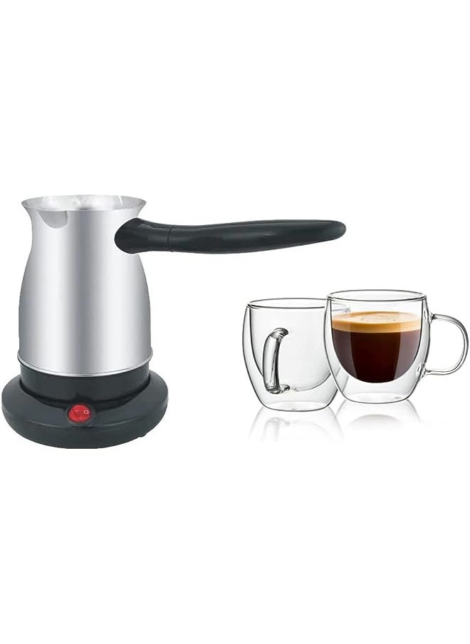 PROMASS efficiency Turkish Coffee Maker 600ml ML 5Cups with free Measuring Spoon & Coffee Machine Cleaning Brush & 2 Pcs Double Walled Glass Coffee Mugs with Handle.  - Image 1