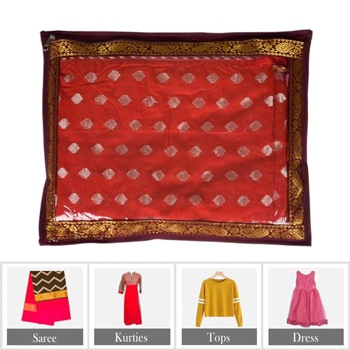 Kuber Industries PVC Saree Cover | Clothes Storage Bag | Single Packing Saree with Zip Closure | Wardrobe Organizer | Cloth Stoarge Organizer | 4 Side Lace Design | Pack of 6 | Maroon - Image 4
