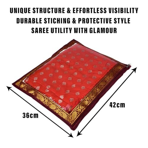 Kuber Industries PVC Saree Cover | Clothes Storage Bag | Single Packing Saree with Zip Closure | Wardrobe Organizer | Cloth Stoarge Organizer | 4 Side Lace Design | Pack of 6 | Maroon - Image 3