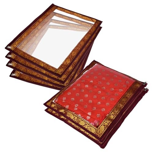 Kuber Industries PVC Saree Cover | Clothes Storage Bag | Single Packing Saree with Zip Closure | Wardrobe Organizer | Cloth Stoarge Organizer | 4 Side Lace Design | Pack of 6 | Maroon - Image 1