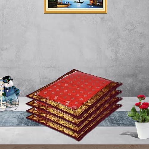 Kuber Industries PVC Saree Cover | Clothes Storage Bag | Single Packing Saree with Zip Closure | Wardrobe Organizer | Cloth Stoarge Organizer | 4 Side Lace Design | Pack of 6 | Maroon - Image 5