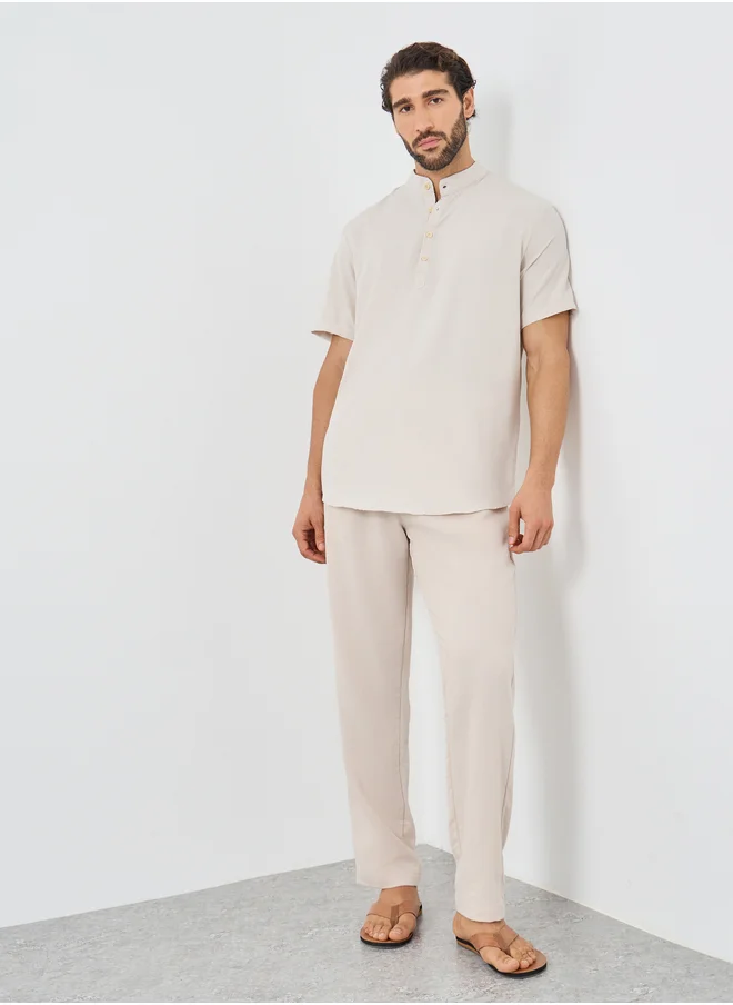 ستايلي Styli Mandarin Collar Half Placket Short Sleeve Slim Fit Shirt