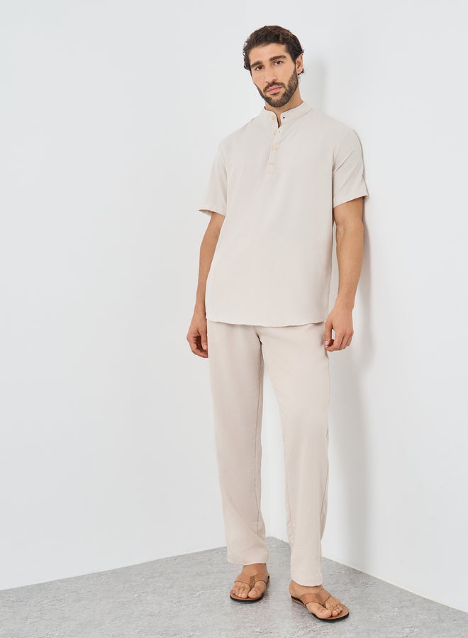 Styli Mandarin Collar Half Placket Short Sleeve Slim Fit Shirt - Image 2