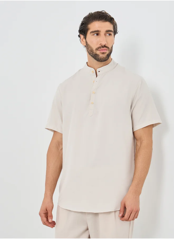 ستايلي Styli Mandarin Collar Half Placket Short Sleeve Slim Fit Shirt