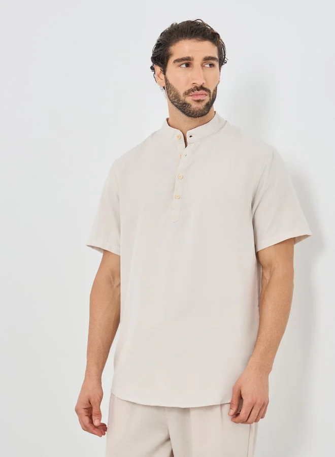 Mandarin Collar Half Placket Short Sleeve Slim Fit Shirt