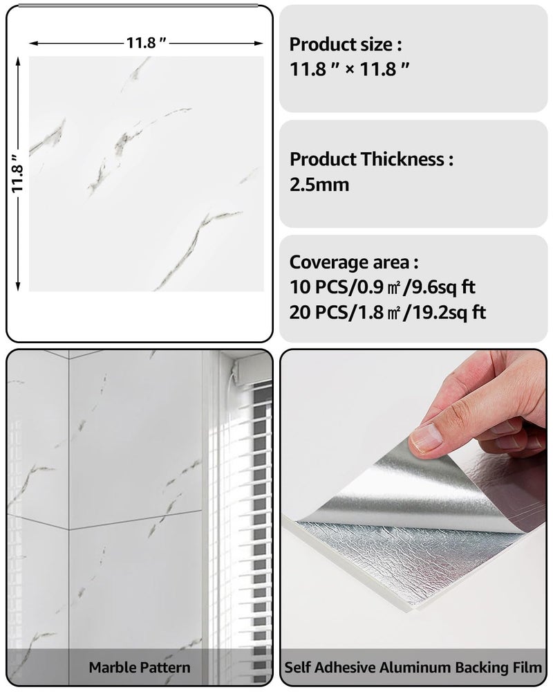 WADILE 10pcs Peel and Stick Shower Waterproof Marble Tiles Wall Panels, 11.8"x11.8" Self-Adhesive Backsplash, for Home Bathroom, Kitchen, Living Room White (Not Real Tile) - Image 2