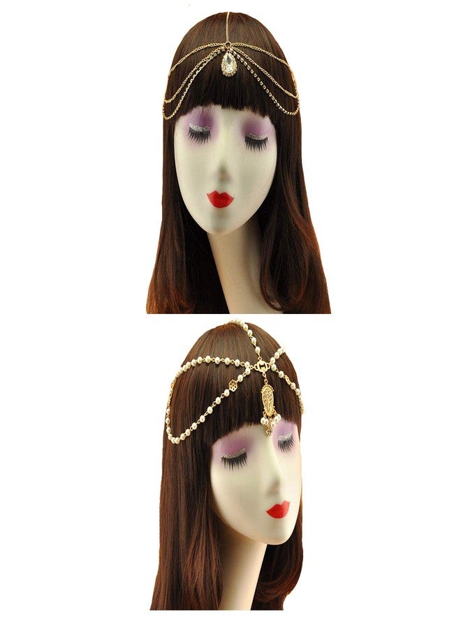 WLBON Gold Head Chain Pearl Sequins Rhinestone Headband Crystal Bohemian Hair Bands Halloween Hair Hoop Women Boho Hippie Hairband Party Decoration Cosplay Costume Handmade Headpiece Hair Jewelry 2 Pack - Image 1