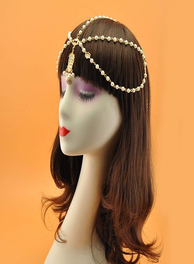 WLBON Gold Head Chain Pearl Sequins Rhinestone Headband Crystal Bohemian Hair Bands Halloween Hair Hoop Women Boho Hippie Hairband Party Decoration Cosplay Costume Handmade Headpiece Hair Jewelry 2 Pack - Image 3
