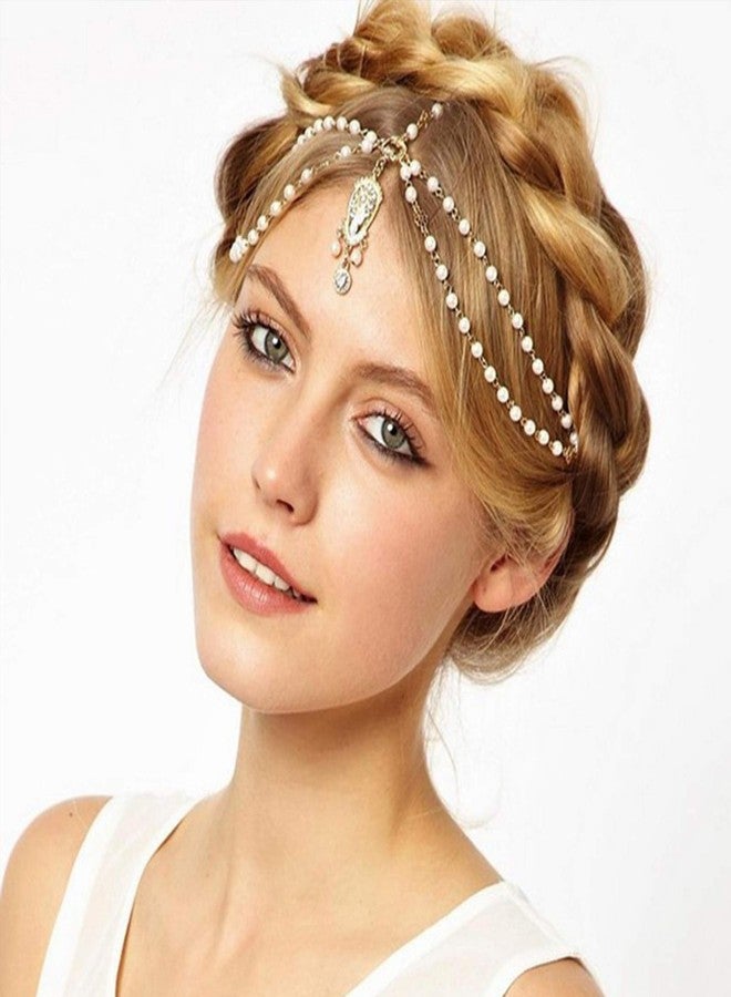 WLBON Gold Head Chain Pearl Sequins Rhinestone Headband Crystal Bohemian Hair Bands Halloween Hair Hoop Women Boho Hippie Hairband Party Decoration Cosplay Costume Handmade Headpiece Hair Jewelry 2 Pack - Image 2