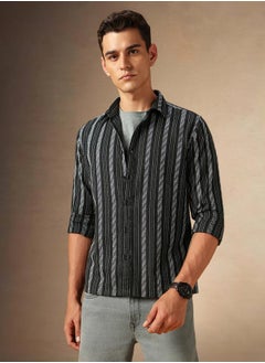 Dennis Lingo Black Cotton Poly Regular Fit Striped Woven Spread Collar Full Sleeves Button Down Shirt for men - Make every day iconic  - Image 1