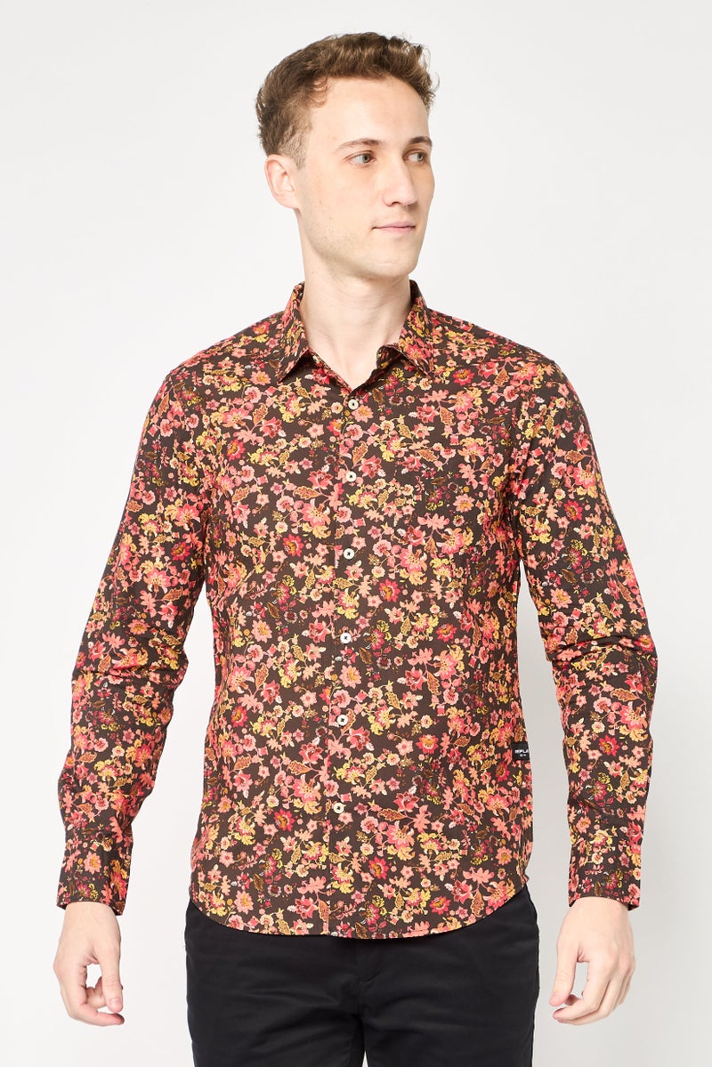 Replay Men Regular Fit Long Sleeve Floral Print Casual Shirt, Multicolor - Image 1
