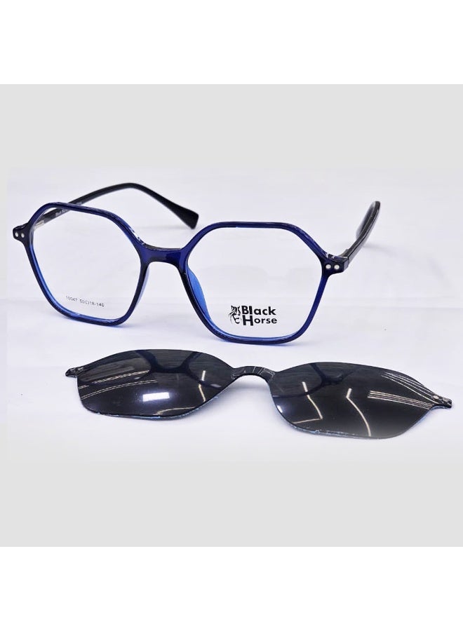 Men’s eyeglasses made of lightweight and durable TR material, offering excellent comfort for daily use. The acetate temples come with spring hinges for added flexibility and a secure, comfortable fit. Includes a flat Polarized Clip-On lens that attaches instantly, transforming the frame into stylish sunglasses with reduced glare and enhanced outdoor visibility.  A practical and modern choice for work, driving, and everyday wear.