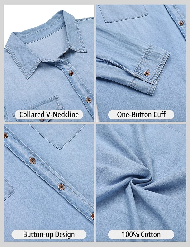 luvamia Denim Shirt Women Chambray Jean Western Shirts Long Sleeve Button Down Tops A Helium Blue Large Fits US 12-14 - Image 5