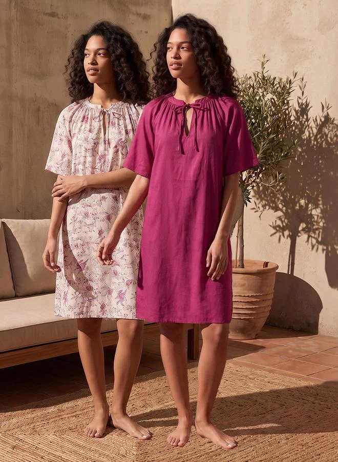 Splash FAV Set of 2 - Intimates Knee Length Night Dress Short Sleeves Tie-Ups Viscose