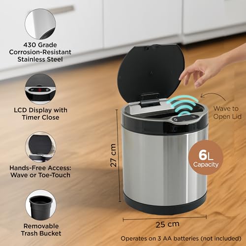 UMAI Stainless Steel Dustbin With Lid | Automatic Dustbin With Inner Bucket | 6L | Dustbin For Kitchen | Round | Dustbin For Bathroom | Dustbin For Bedroom | Dustbin For Home & Office | Silver - Image 3