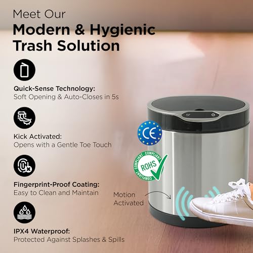 UMAI Stainless Steel Dustbin With Lid | Automatic Dustbin With Inner Bucket | 6L | Dustbin For Kitchen | Round | Dustbin For Bathroom | Dustbin For Bedroom | Dustbin For Home & Office | Silver - Image 2