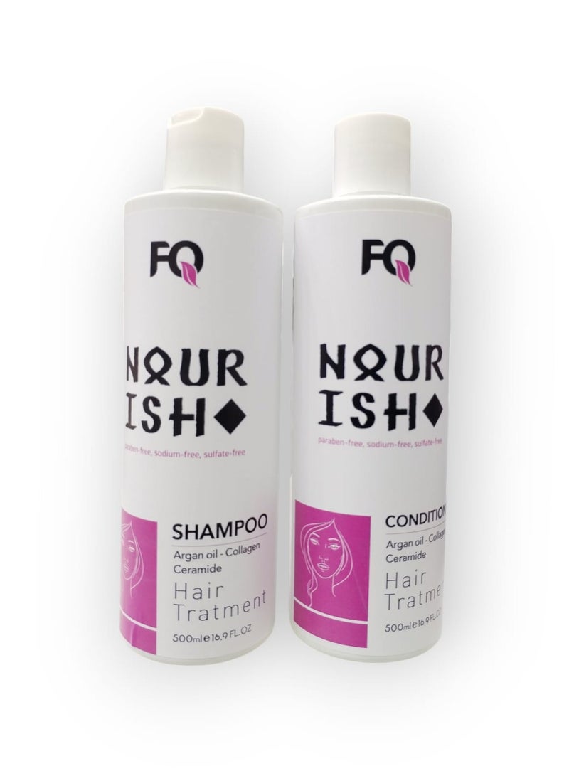 أف كيو مجموعة العنايه بالشعر لحماية الشعر من التساقط والتقصفات بمسحضرات طبيعيه بالولاجين وزيت الارغان شامبو500مل وبلسم500 مل - Image 1