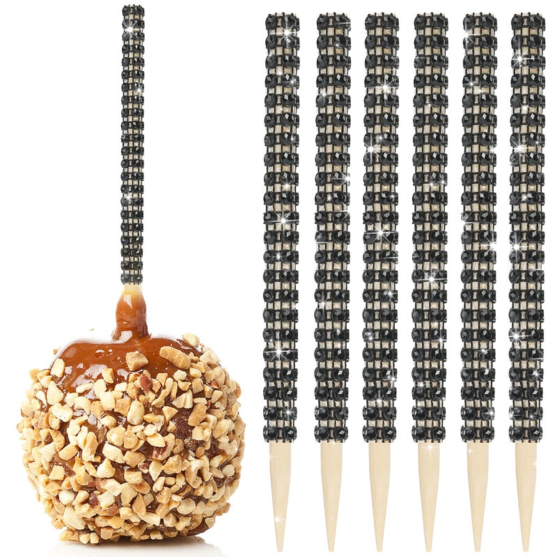 32 PCS Bling Candy Apple Bamboo Sticks Caramel Apple Wooden Pointed Skewers with Rhinestones Diamond Mesh Wrap Fruit Treats Pop Dec Bar for Dessert Table Tea Party Birthday Wedding Christmas Black