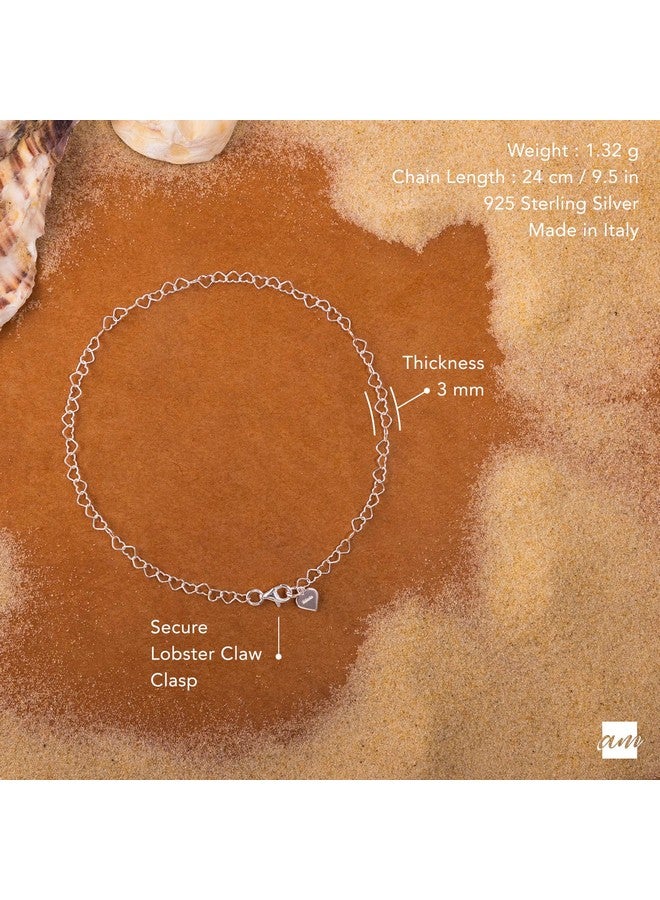 Amberta 925 Fine Sterling Silver Naturally Adjustable Anklet - 3 Mm Heart Chain Ankle Bracelet - Up To 10" Inch - Flexible Fit - Image 5