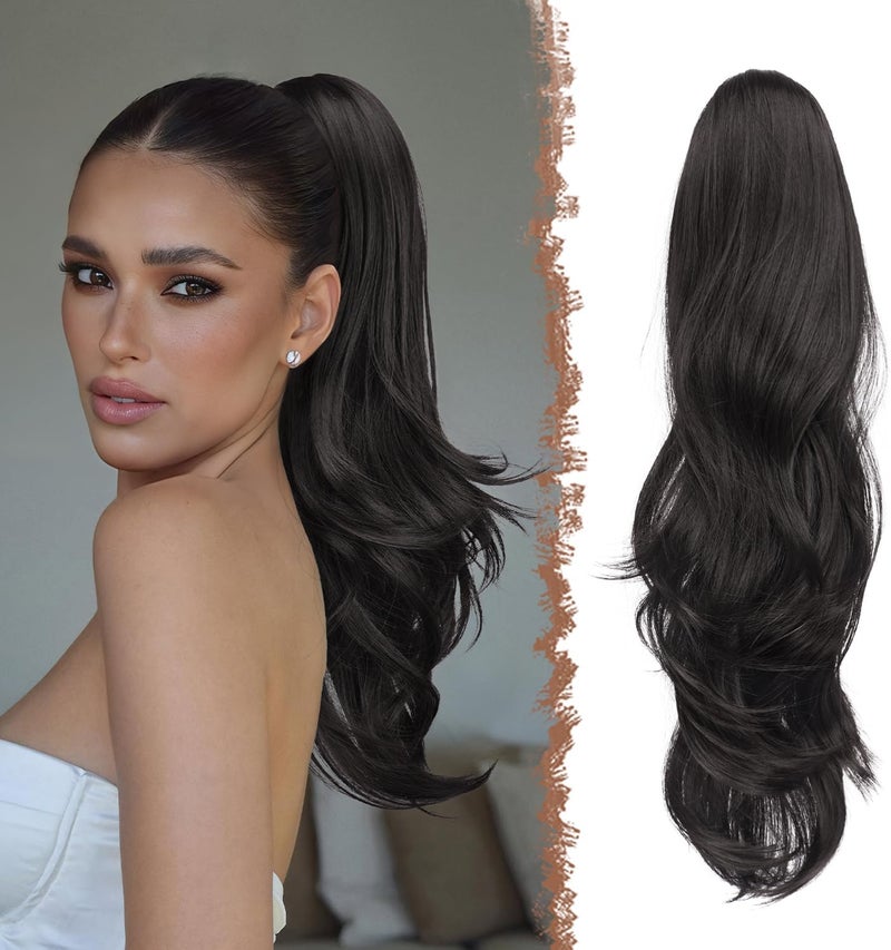 FESHFEN Drawstring Ponytail Extension Natural Long Wavy Layered Synthetic Pony Tails Natural Black Hair Extensions Hairpieces for Women 20 inch