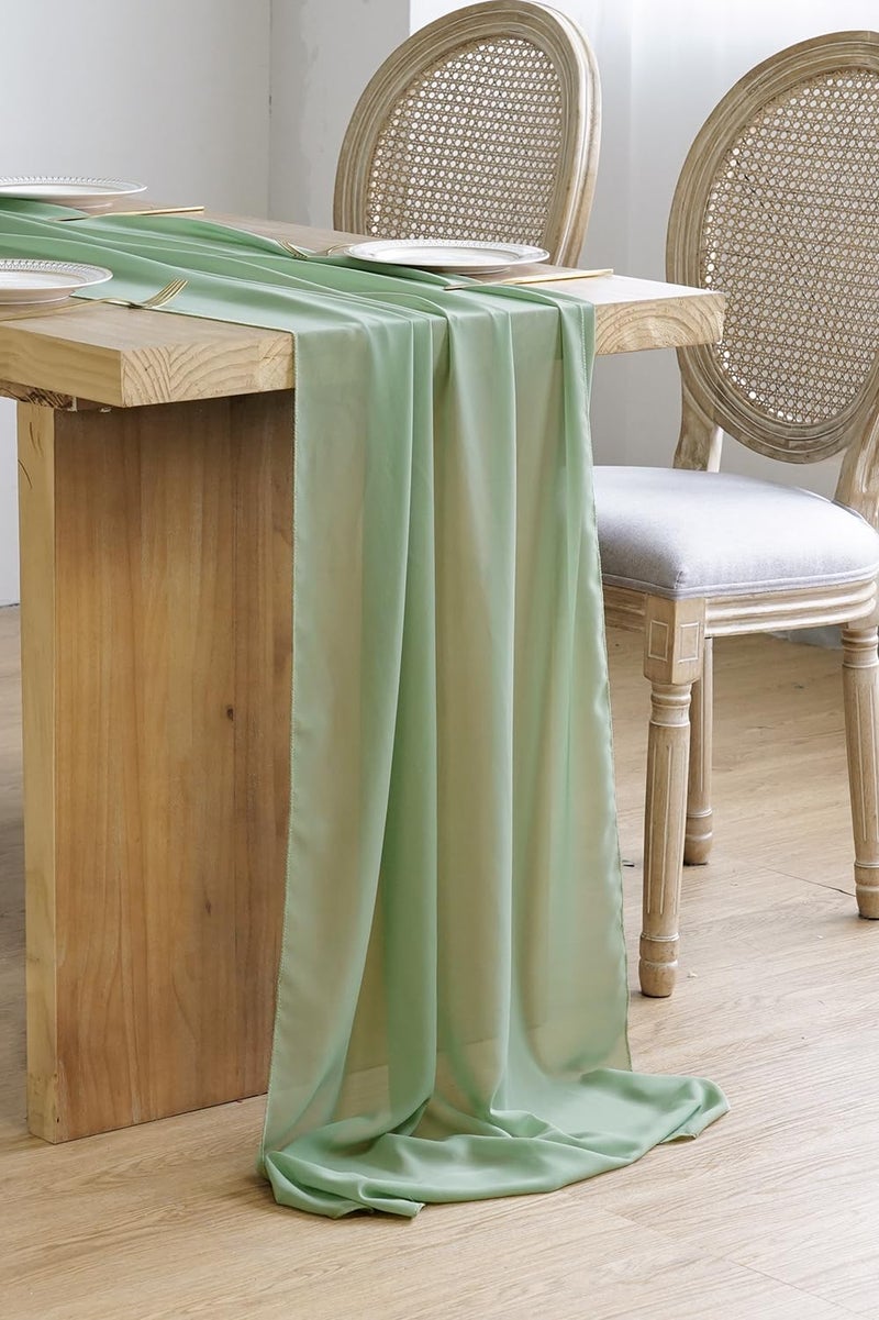 PONATIA PONATIA 11Ft Sage Green Chiffon Table Runner 29 x 130 Inches for Romantic Wedding Party Bridal Shower Decorations 