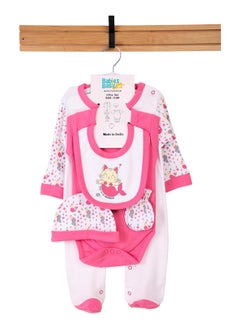 Babies Basic 5 Piece Unisex 100% Cotton Gift Set Include Bib, Romper, Mittens, Cap And Sleepsuit/Jumpsuit- Meowmaid  - Image 1