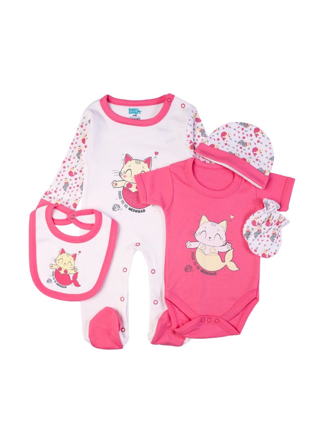 Babies Basic 5 Piece Unisex 100% Cotton Gift Set Include Bib, Romper, Mittens, Cap And Sleepsuit/Jumpsuit- Meowmaid  - Image 2