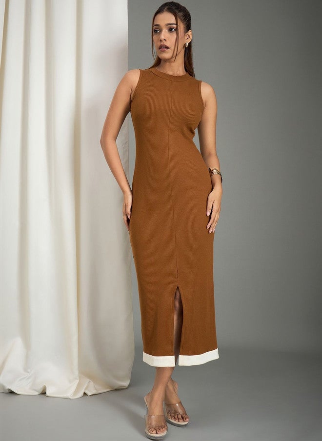 WineRed Brown Solid Sheath Midi Dress with Slit Detail - Image 1