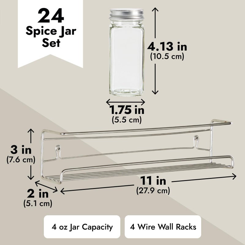Talented Kitchen Spice Rack Organizer - 4 Stainless Steel Wall-Mounted Racks - 24 4 oz Glass Jars & 269 Preprinted Labels, Chrome - Kitchen & Cabinet Seasoning Organizer for Space Saving Spice Storage - Image 4