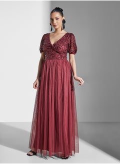 Maya V-Neck Mesh Detail Puff Sleeve Twist Front  Dress  - Image 1