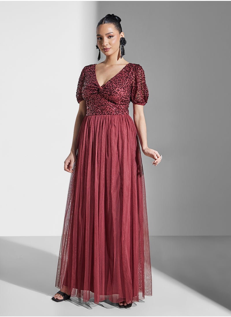 Maya V-Neck Mesh Detail Puff Sleeve Twist Front  Dress  - Image 1