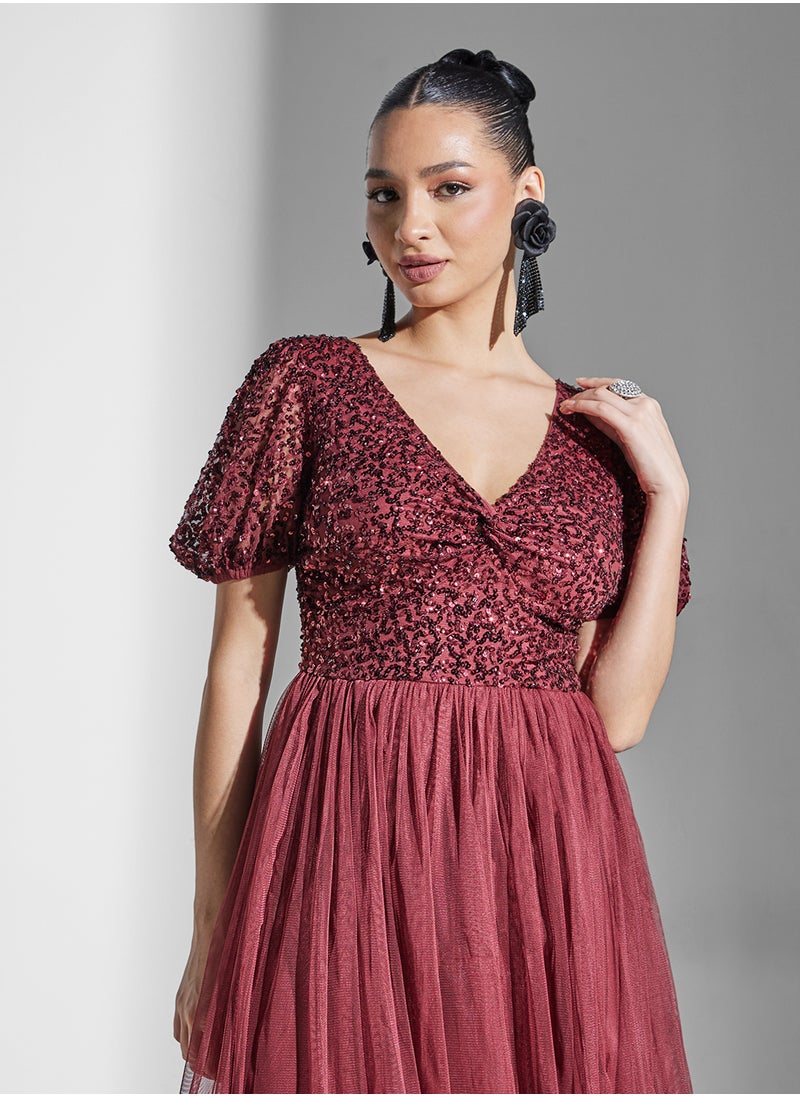 Maya V-Neck Mesh Detail Puff Sleeve Twist Front  Dress  - Image 3