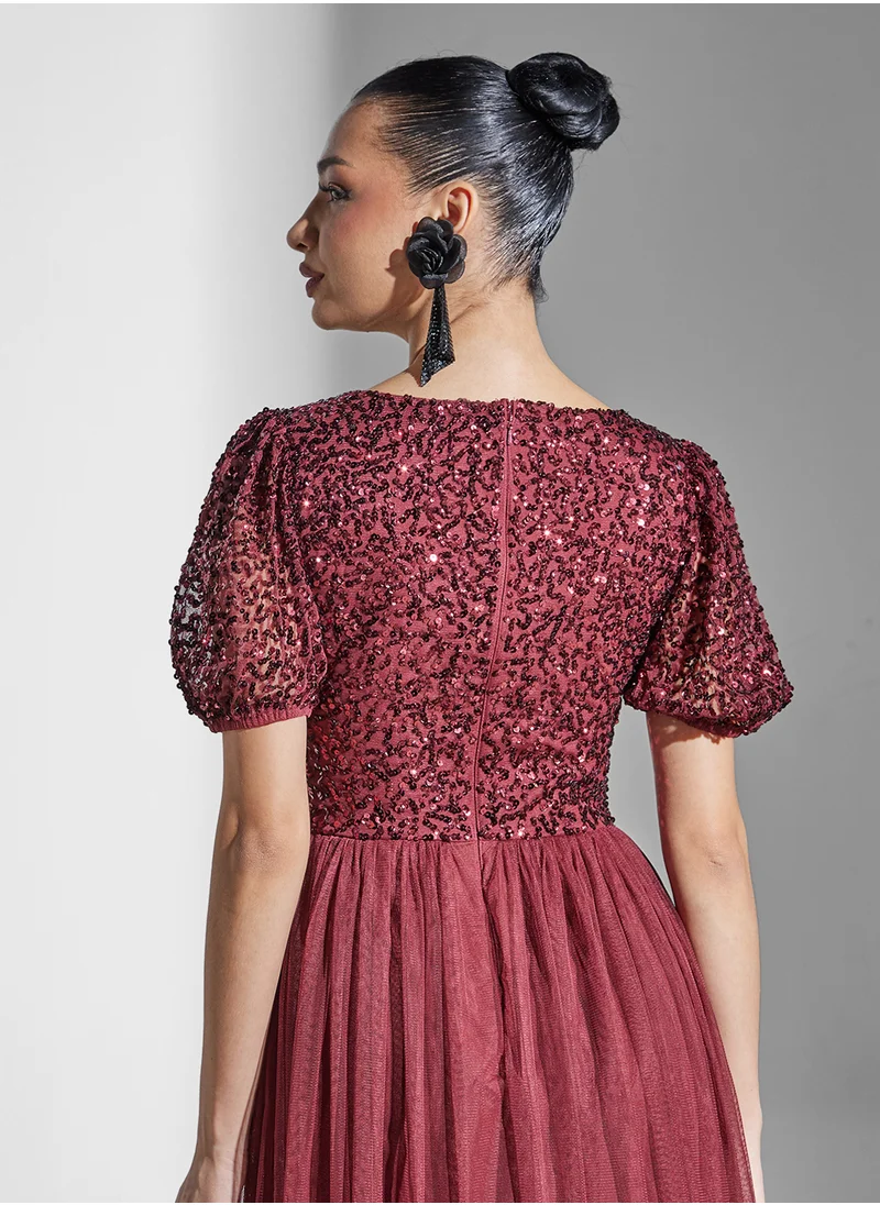 مايا V-Neck Mesh Detail Puff Sleeve Twist Front  Dress